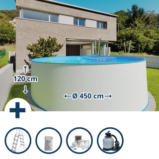 Stahlwandpool Set (5-teilig) hoch rund 450 x 120 cm, Stahl 0,4 mm weiß Folie 0,4