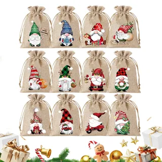 Dewireaey 12 Stück Geschenktüten Weihnachten - 15x10cm Wiederverwendbare Geschenktasche, Stoff Geschenkbeutel Mit Zugband, Weihnachtliches Cartoon-Muster Für Zum Verpacken Von Süßigkeiten, Snacks - Siehe Beschreibung