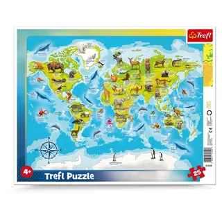 Trefl Trefl, Puzzle, Rahmenpuzzle mit Unterlage, 25 Teile, Weltkarte mit Tieren, für Kinder ab 4 Jahren