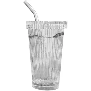 BUNIQ Gerippte Trinkgläser - Eiskaffeegläser mit Deckel und Strohhalmen - Tragbare 375 ml Eiskaffee-Trinkbecher aus Glas für Kaffee, Coockta, Tee, Wasser, Bier, Limonade