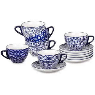 Selamica Cappuccino-Tassen-Set aus Keramik, 237 ml, mit Untertassen, Espresso-Kaffeetassen, Latte Macchiato für Party, Café, Zuhause, 6 Stück, Vintage-Blau