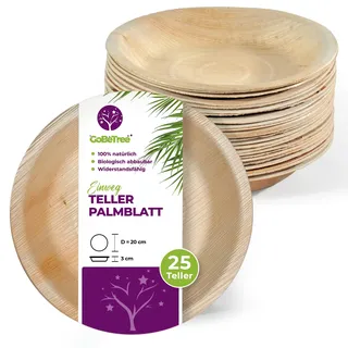 GoBeTree Palmblatt Teller Rund 20 cm, 25 Elegante Tiefe Einwegteller Stabil | Stabiles Einweggeschirr Ähnlich Bambus für Party, Hochzeit und Buffet, Tiefer Teller mit 3 cm Rand für Eintopf und Pasta