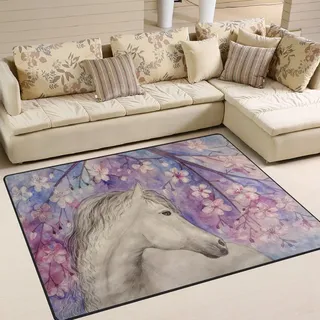Use7 Teppich mit Ölgemälde-Pferd, Kirschblüte, für Wohnzimmer, Schlafzimmer, 160 cm x 122 cm
