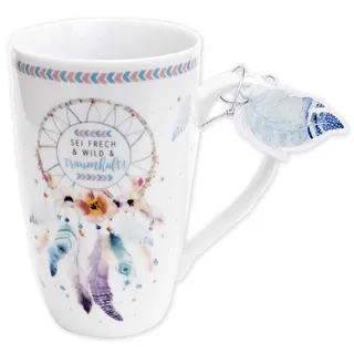 GRUSS & CO Tasse mit Motivdruck "Traumfänger" | große Tasse, Kaffeetasse, Porzellan, 50 cl, mit Geschenkanhänger | Geburtstagsgeschenk | 45693