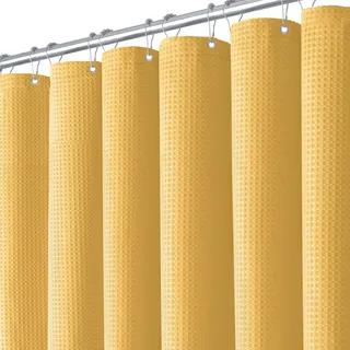 BTTN Duschvorhang Waffelstruktur 180x180 cm wasserdicht, Gold/Goldgelb | 12 Plastikhaken, Rückseitig Laminiert Wasserdicht, Waffelstruktur, Anti-Schimmel, Beschwerter Saum, Waschbar Textil Stoff