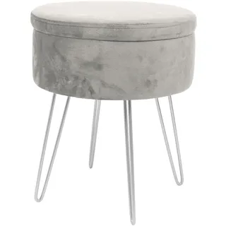 Harbour Housewares 1x Grey/Silber H45 x D36cm Runden Samt-Fußhocker mit Stauraum - Wohnzimmer Schminktisch Fußbank Ottomane Sitzpuff Stuhl Sitz