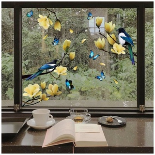 Juoungle Fensterbild 2 set Statische Fensteraufkleber,Frühlingsblume,Vogel,Schmetterling, elektrostatische Aufkleber, ohne Spuren zu hinterlassen bunt