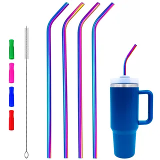 4 Stück 35.6 cm extra lange, wiederverwendbare gebogene Edelstahl-Metall-Trinkhalme mit Silikonspitze und Reinigungsbürste für einfache, moderne 907 ml Becher, Stanley 1.1 l Tasse, Wasserkrug, 628 ml