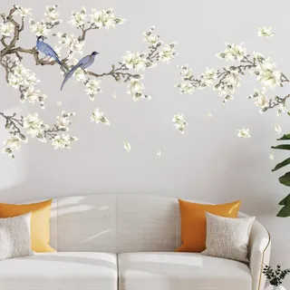 SenaiMy Wandtattoo Schlafzimmer Weiße Blumen - 90 × 30 CM Magnolienbaum mit Blauen Vögeln, Selbstklebend Wandsticker Blumen die Wand für Wohnzimmer, Esszimmer, Hotels, Über das Bett Deko