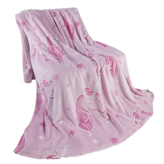 BaSaTex Kinder Flanell Kuscheldecke | 150x200 cm Sofadecke | leuchtet im Dunkeln | Glow in The Dark | Einhorn - Pink