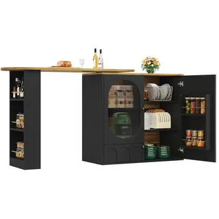 MODFU Kücheninsel Bartisch drehbar 204x39x105 cm mit 3 Türen und Stauraum, MDF Metall, Schwarz, ausklappbare Theke für Küche und Wohnen