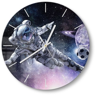 DEQORI Wanduhr 'Kosmonaut kickt Fußball' (Glas Glasuhr modern Wand Uhr Design Küchenuhr) blau|schwarz|weiß 30 cm x 30 cm