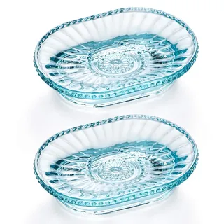 Seifenschale Aus Glas, Seifenschale Mit Prägung, Vintage-seifenbox (zweiteiliges Set Für Dusche Und Bad, Blau)