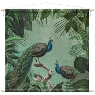 Bilderdepot24 Wandteppich modern Vintage Botanik Tiere Vögel türkis, quadratisch, Höhe: 2.6 mm, großes Wandbild aus Natur-Baumwolle Wandbehang Stoffbild Tuch Wollseil grün 110 cm x 110 cm x 2.6 mm