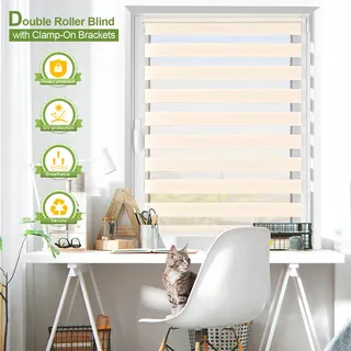【3 € Rabatt ab 10 €】EcoHue DuoRollo Klemmfix Doppelrollo, ohne Bohren, mit Klemmträgern, für Fenster und Türen, Beige, B 80 cm x H 150 cm, 1 Stück
