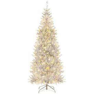 COSTWAY 180 cm Bleistift-Weihnachtsbaum Lametta, Künstlicher Weihnachtsbaum mit warmweißen LED-Lichtern & Metallständer