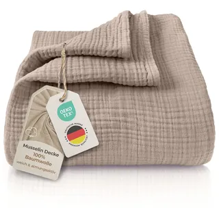 LAYNENBURG Premium Musselin Tagesdecke 150x200-100% Baumwolle - extraweiche Baumwolldecke als Kuscheldecke, Bett-Überwurf, Sofa-Überwurf, Couch-Überwurf - warme Sofa-Decke (Taupe-Stone)