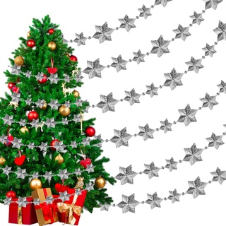SCHYIDA 10M Girlande Weihnachten Girlande Sterne Silber Lametta Girlande Weihnachtsbaum Weihnachtsgirlande mit Sternen Sternengirlande als Weihnachtsdeko mit Sterne Durchmesser 3.2cm /2.2cm/ 1.5cm
