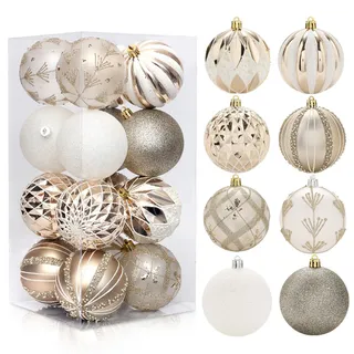 GLITZFAS Weihnachtskugeln 8cm 16 Stück, Kunststoff Christbaumkugeln Weihnachtsdeko Weihnachtsbaumschmuck mit Aufhänger Baumschmuck Weihnachten Deko Ornamente (Champagner)