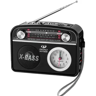 PRONLY Portable AM/FM Radio mit Bluetooth im Vintage-Stil, Radio Batteriebetrieben mit Uhr & Taschenlampe, USB/TF-Wiedergabe, für Camping, Alltag & Notfälle, Schwarz (PR-1002BT)