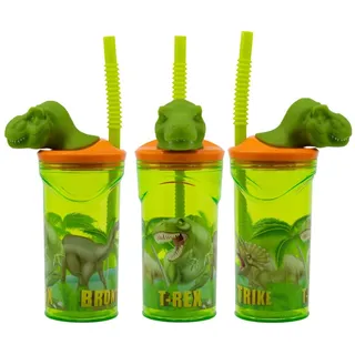Stor Kinderbecher Dinosaurier T-Rex 3D Deckel Kinder Trinkbecher integriertem Halm 360ml, Kunststoff bunt