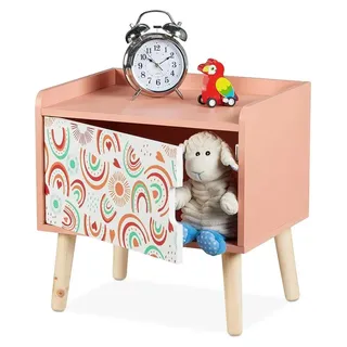 TRANKIELO® - Nachttisch für das Kinderzimmer mit Tür – 41x40x30 cm – Aufbewahrungsmöbel für Kinder – Rosa mit Holzfüßen