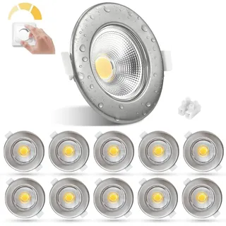 HiBay 10er Set LED Einbaustrahler 230V dimmbar IP44, 7W COB Spot gebürstet Edelstahl, 600lm Neutralweiß 4000K, Lochmaß 65-85mm, für Badezimmer Küche Arbeitszimmer
