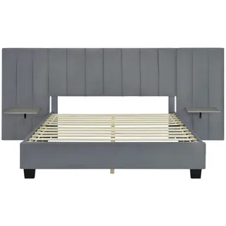 Gotagee Polsterbett Doppelbett 160x200cm Samtstoff Funktionsbett Lattenrost Gästebett, mit verlängertem Kopfteil, Ablagen an beiden Seiten des Kopfteils