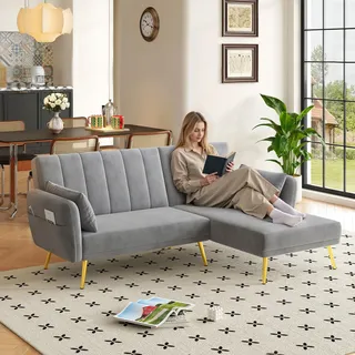 Merax Schlafsofa Klappsofa Ecksofa mit Schlaffunktion, Verstellbarer Rückenlehne, Sofabett aus Samtstoff, L-förmiges Sofa für Wohnzimmer/Schlafzimmer/Gästezimmer, Grau