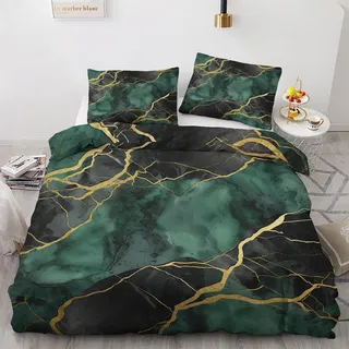 GEDAEUBA Bettwäsche 155x220 Marmor - Smaragdgrün Gold Bettbezug 155x220 3 teilig, Wendebettwäsche und Kissenbezug 80x80, Weiche & Angenehme Mikrofaser Bettwäsche-Sets mit Reißverschluss