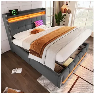 OKWISH Polsterbett Stauraumbett Funktionsbett (Stauraumbett,mit LED-Beleuchtung, USB-Anschluss & Hydraulik-Stauraum, 160 x 200 cm), ohne Matratze grau