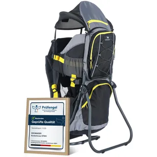 Dromader Kraxe Kindertrage bis 22kg - Baby Rückentrage Wandern mit Sonnendach Regenschutz - Babytrage Outdoor Trekking mit Thermotasche Wickelmatte - Einhändig klappbarer Aluminiumrahmen Schwarz Gelb
