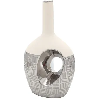 Edle Designer Keramik Vase oval mit Loch und langem Hals in Silber-rau weiß, ca. 18 x 11,5 x 31 cm.