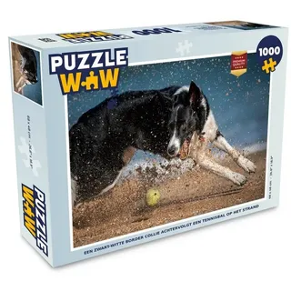 MuchoWow Puzzle Ein schwarz-weißer Border Collie jagt einen Tennisball am Strand, 1000 Puzzleteile, Foto-Puzzle, Bilderrätsel, Puzzlespiele, Klassisch schwarz 48 cm x 68 cm x 2 cm | Querformat