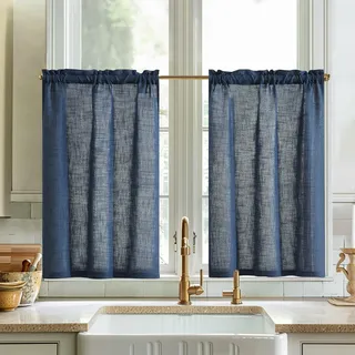 Vangao Scheibengardinen Modern Bistrogardine 2er Set 65Bx115Hcm, Dunkelblau | Indigo Blau Küchengardinen mit Stangendurchzug, Lichtdurchlässig Gardinen Kurz für Küche Wohnwagen Wohnzimmer, 115 cm lang