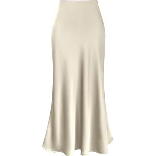 Damen-Maxirock aus Satin, elastisch, hohe Taille, A-Linie, einfarbig, elegant, fließend, seidig, Sommerrock, bescheidener Meerjungfrauen-Rock, klassische Arbeitsröcke, beige, 48 - 48