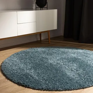 benuta Basic Hochflorteppich Teppich Wohnzimmer Sohari - Blau 120 cm Rund - Minimalistischer Look - Weich & Waschbar - Für Schlafzimmer, Flur oder Esszimmer - Geeignet für Fußbodenheizung