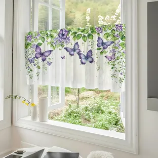 Fasbuy Scheibengardine Küchengardinen Bistrogardine 1 Stück, Muster Wohnzimmer Küche Küchengardinen kurz mit Stangendurchzug für Landhausstil Bauernhaus Gardinen (Lila Schmetterling,120x45m)