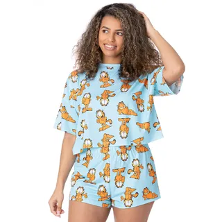 Garfield Damen Pyjamas | Erwachsene Damen Cropped T-Shirt mit kurzen Hosen Pjs | Pastellblaue Cartoon Katze überall gedruckt Movie Merchandise - S
