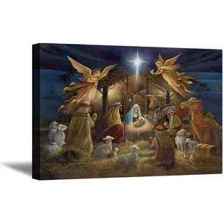 ZHONGYUTONG Krippe Kunstdruck auf Leinwand Weihnachten Jesus in der Krippe Poster Jungfrau Maria Joseph Religiöse Gemälde Wanddekoration für Wohnzimmer Schlafzimmer (40x60cm, Gerahmt)