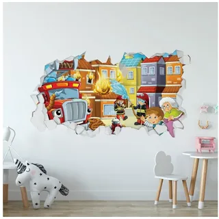 GRAVURZEILE Wandtattoo im Feuerwehr Design - Kinderzimmer -Wandsticker Wandaufkleber - (3D Wanddurchbruch & Deko, - Größe 115 x 70 cm), - V2 bunt