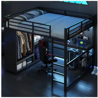 STILVORA Hochbett 160x200 Metallbett mit LED Jungendbett mit Schreibtisch&Kleiderschrank (mit LED, Schreibtisch, Kleiderschrank und Stauraum – Platzsparendes Design) 165 cm x 204 cm x 180 cm