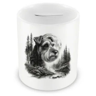 Samunshi® Spardose mit dem Motiv Zwergschnauzer im Wald - Spardose für Zwergschnauzer Fans Sparschwein mit Hunde Motiv Sparbüchse Cash Money Geld weiß 330ml