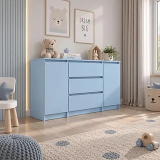 3xE Living Kommode 120 cm, 3 Schubladen, 2 Türen, Blau, 120 x 40 x 78 cm