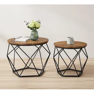 VASAGLE Couchtisch rund, Wohnzimmertisch, modern, Satztisch, Metall (2er Set, inkl. Zubehörpaket & Anleitung, Holz), Beistelltisch, abnehmbare Tischplatte, Ø60x45cm+Ø50x40cm braun|schwarz 60 cm