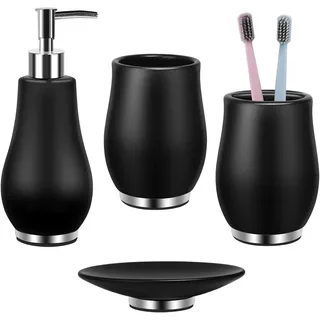 RQYIXI Badezimmer-Zubehör-Set, Zahnbürstenhalter, Seifenspender, Keramik-Badezimmer-Set mit Zahnputzbecher, Seifenschale, Becher, Schwarz, 4-teilig