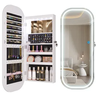 LVSOMT LED Oval Schmuckschrank Hängend, Wand/Tür Hängend Schmuckschrank mit Spiegel, Abschließbarer Schmuck Schrank mit 3 Farben Licht Ganzkörperspiegel Rund, Höhenverstellbarer Haken, Weiß Holz