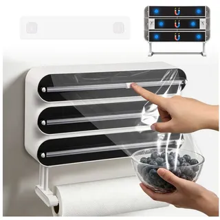JOYOLEDER Küchenrollenhalter 4-in-1 Frischhaltefolienspender mit Küchenrollenhalter, (Platzsparender Wandrollenhalter, magnetisch & ohne Bohren), Folienschneider für Frischhaltefolie & Alufolie schwarz