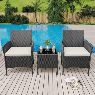 Litake Rattan Gartenmöbel Set, Balkonmöbel Set 3 Teiliges mit Wetterfeste Gartentisch und 2 Stühlen, Balkon Sessel Set Lounge Gartenmöbel Garten Sitzgruppe Gartengarnitur Patio Furniture (Black)