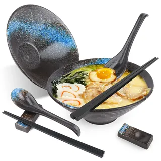 2 Sets (6 Stück) Ramen Schüssel, Ramen Bowl Keramik, Ramen Set mit Löffel und Essstäbchen, Japanische Schüssel Geschirr für Ramen, Salat, Müsli, Ramenbowl Suppenschüssel 600 ml, Ramen Schale